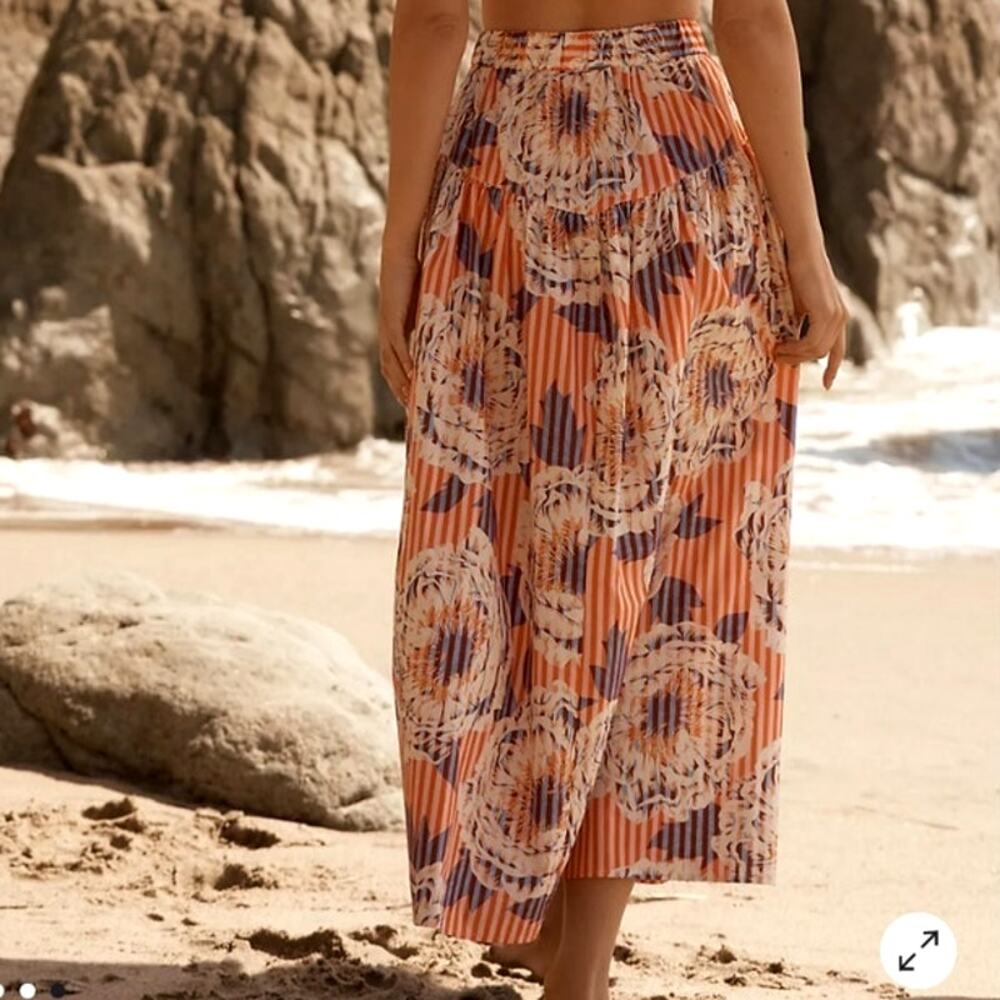 Anthropologie Stripe Floral Button Front A-Line Midi Skirt Cotton Red Blue S - Picture 7 of 15